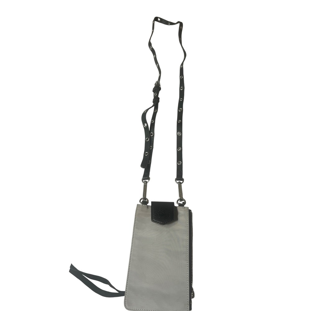 Aimee Kestenberg Black Leather Grey Nylon Crossbody Phone Bag Grommet Strap - Picture 6 of 8